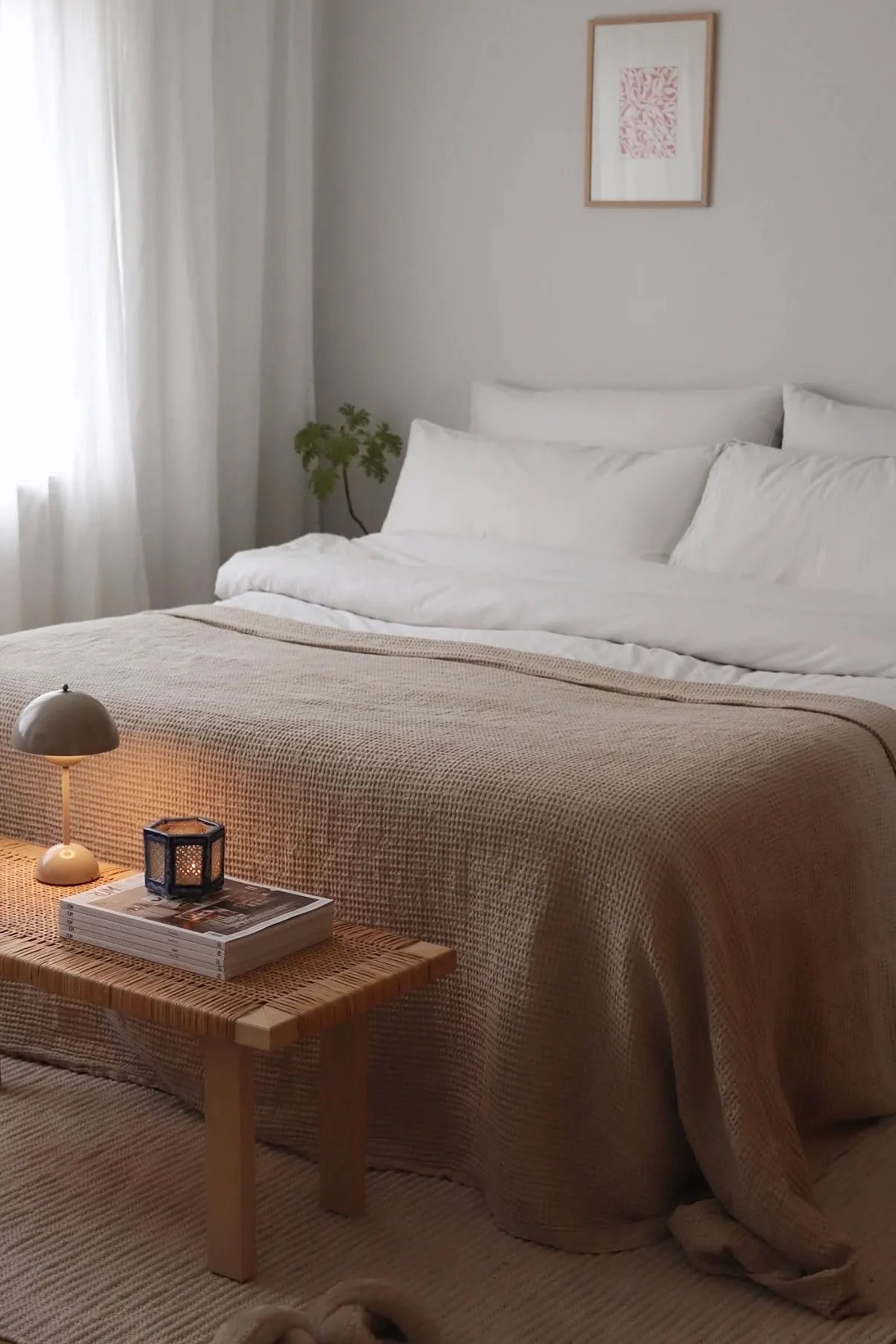 La chambre à coucher scandinave de @hemmahosfalk, aménagée dans le style Feng Shui, avec la lampe de table Flowerpot posée sur un banc devant le lit.