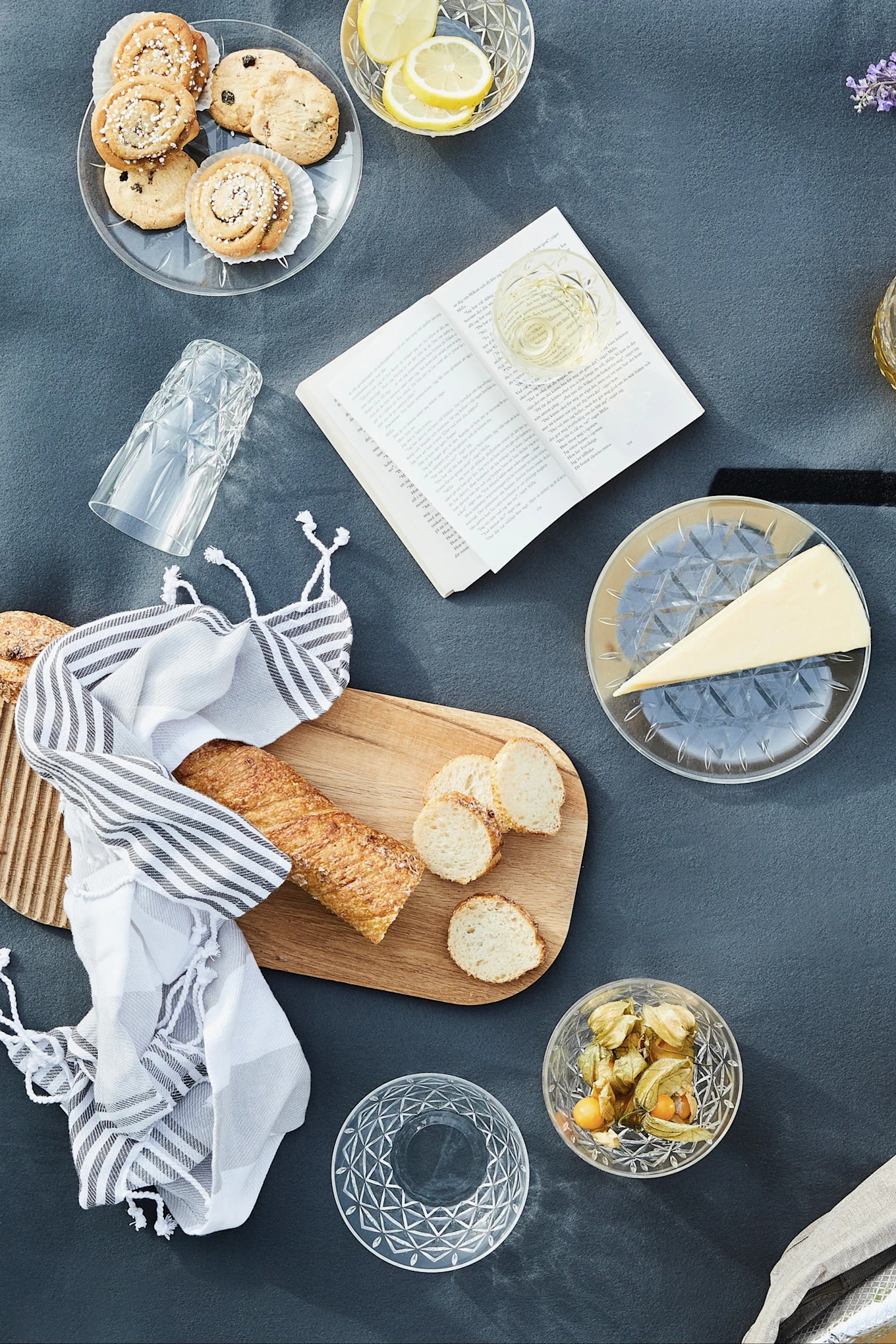 Vue d'en haut sur un pique-nique composé de biscuits, de citrons, de vin, de fromage, d'une baguette, de physalis et d'un livre ouvert, le tout posé sur une couverture grise.