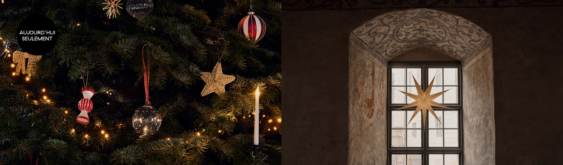 Un sapin de Noël décoré de lumières, d'ornements rouges et blancs, et d'une étiquette "TODAY ONLY", à côté d'une fenêtre cintrée antique avec une grande étoile dorée.