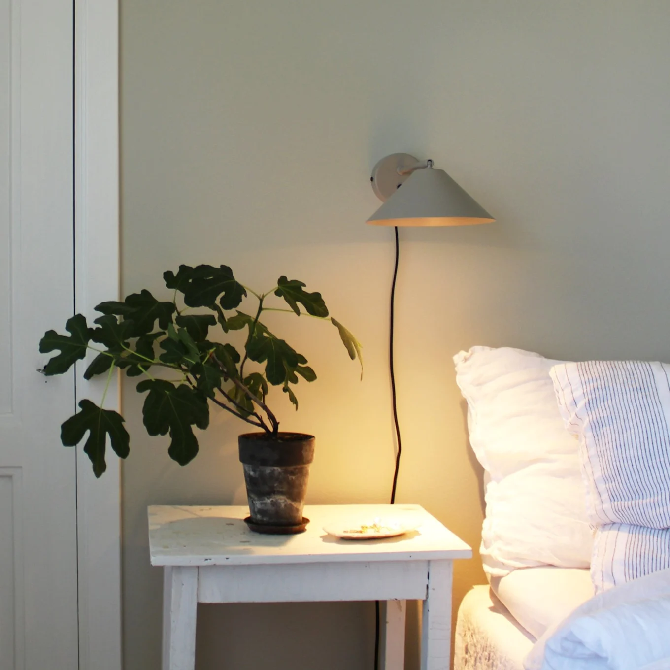 Une plante de figuier en pot sur une table de chevet blanche à côté d'un lit avec une literie blanche, éclairée par une applique murale chaude.
