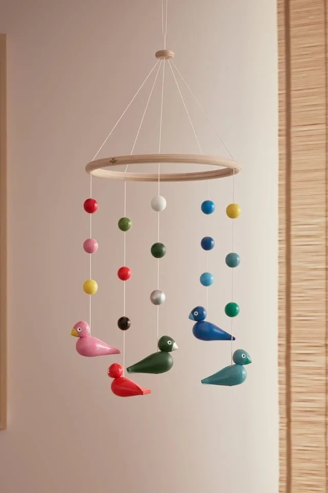 Les mobiles colorés stimulent les sens du bébé, ce qui fait du mobile Oiseaux chanteurs Kay Bojesen un cadeau parfait pour la baby shower.