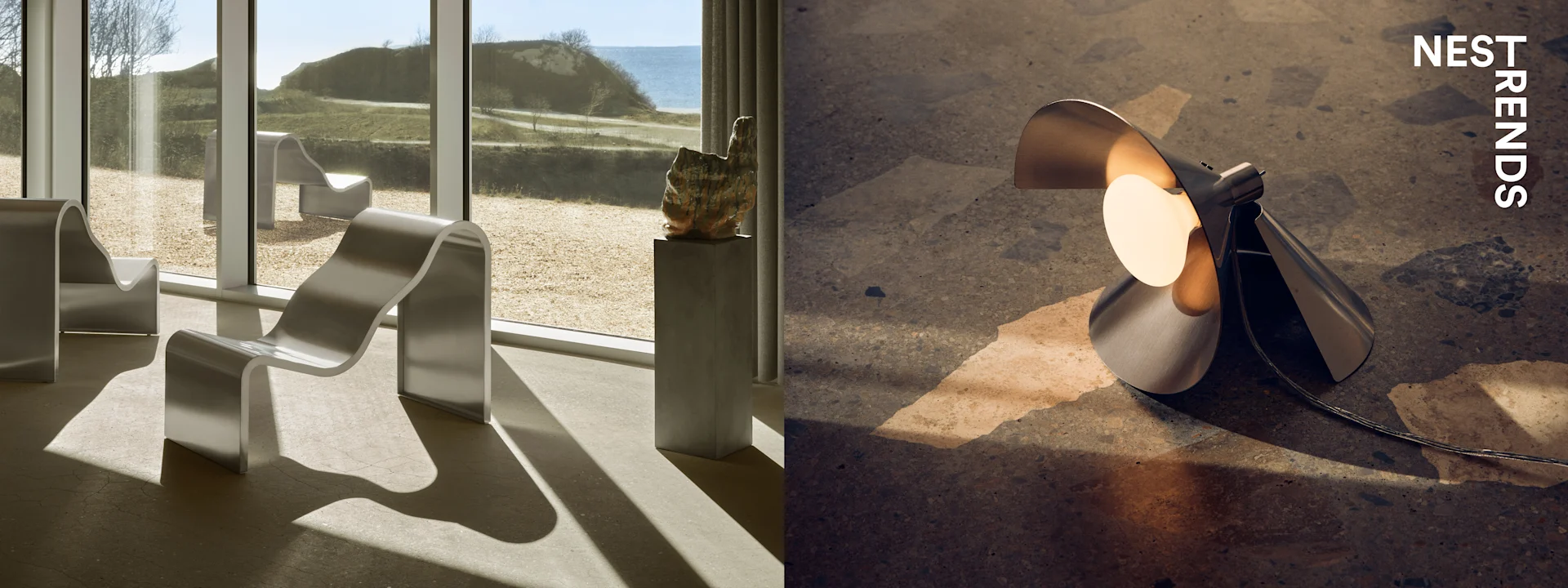 Gauche: Coupes à dessert argentées, certaines avec poires jaunes. Droite: Lampe métallique moderne éclaire sol texturé. 'NEST TRENDS'.