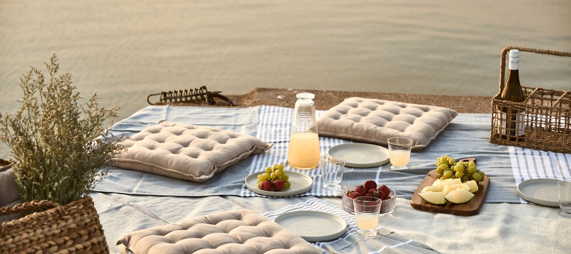 Pique-nique au bord de l'eau avec coussins, fruits et boissons sur une couverture.