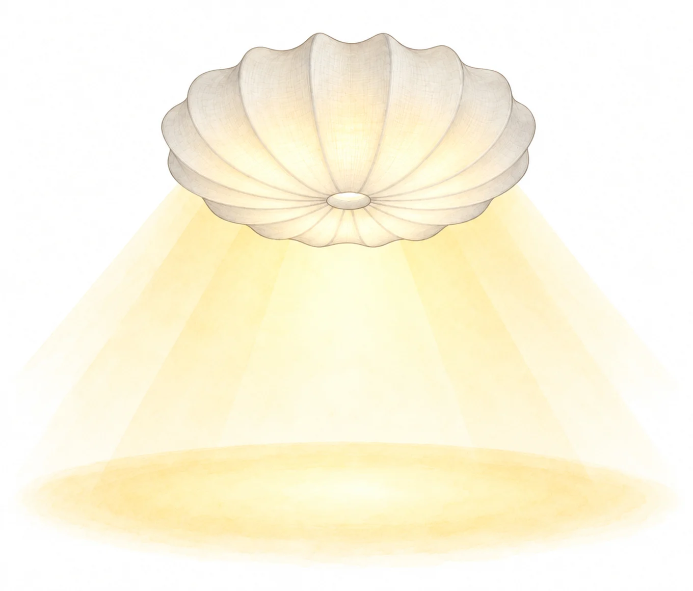 Une lampe de plafond plissée de couleur blanc cassé projette une lumière chaude et dorée sur une zone circulaire en dessous.