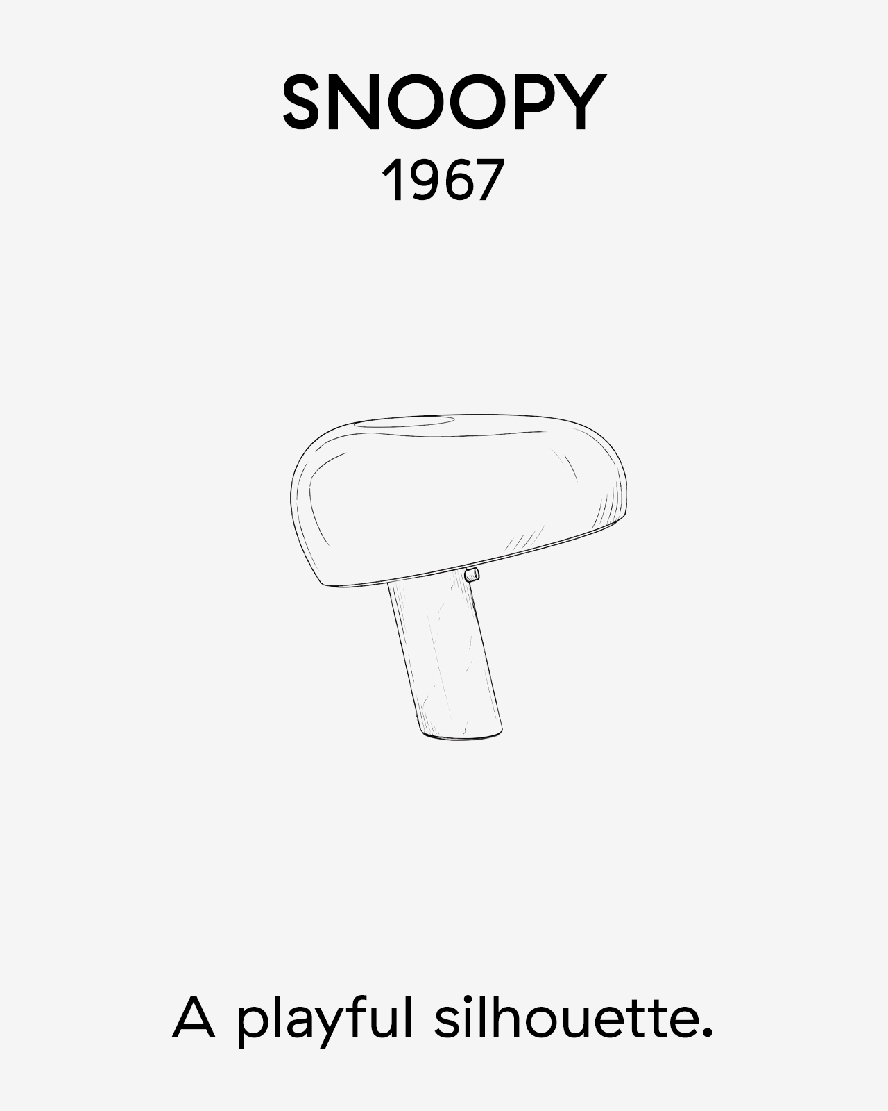 Dessin au trait d'une lampe Snoopy de 1967, présentant une silhouette ludique en forme de champignon.