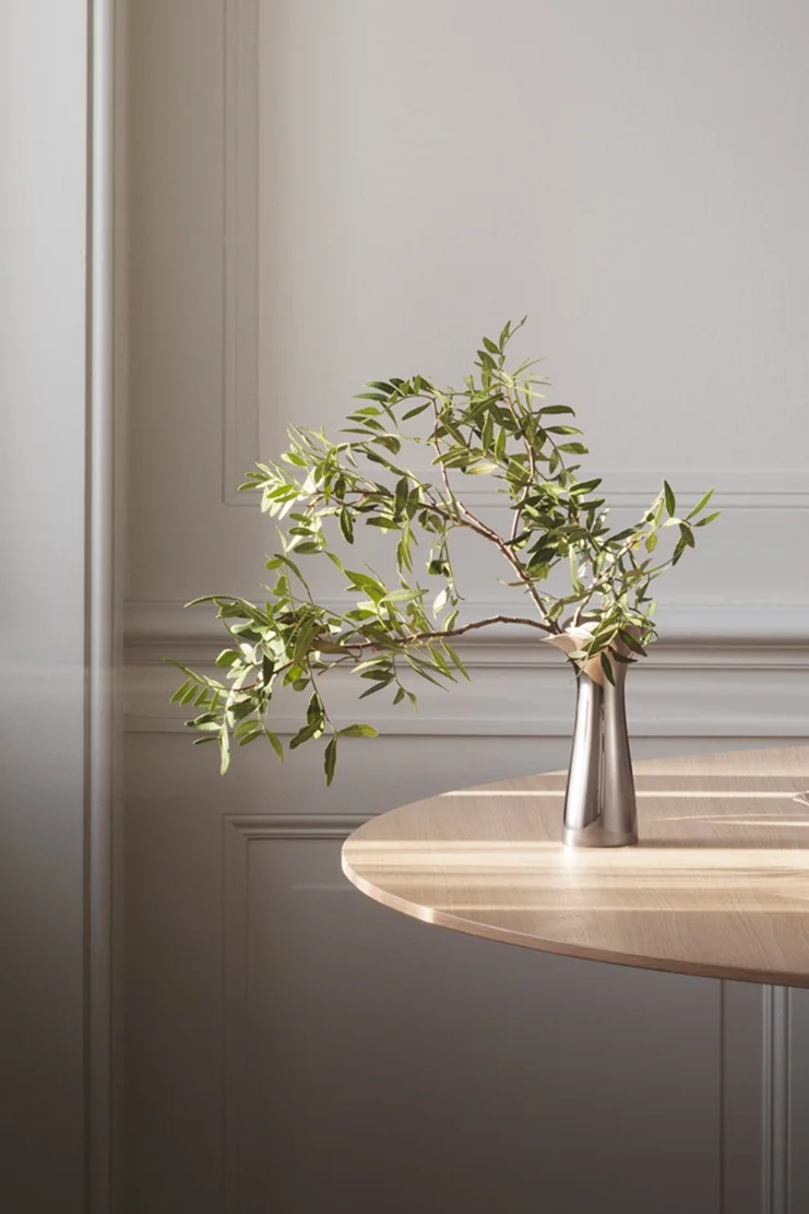 Vase argenté avec des branches feuillues vertes sur une table en bois clair, la lumière du soleil projetant des ombres sur la table et le mur mouluré.
