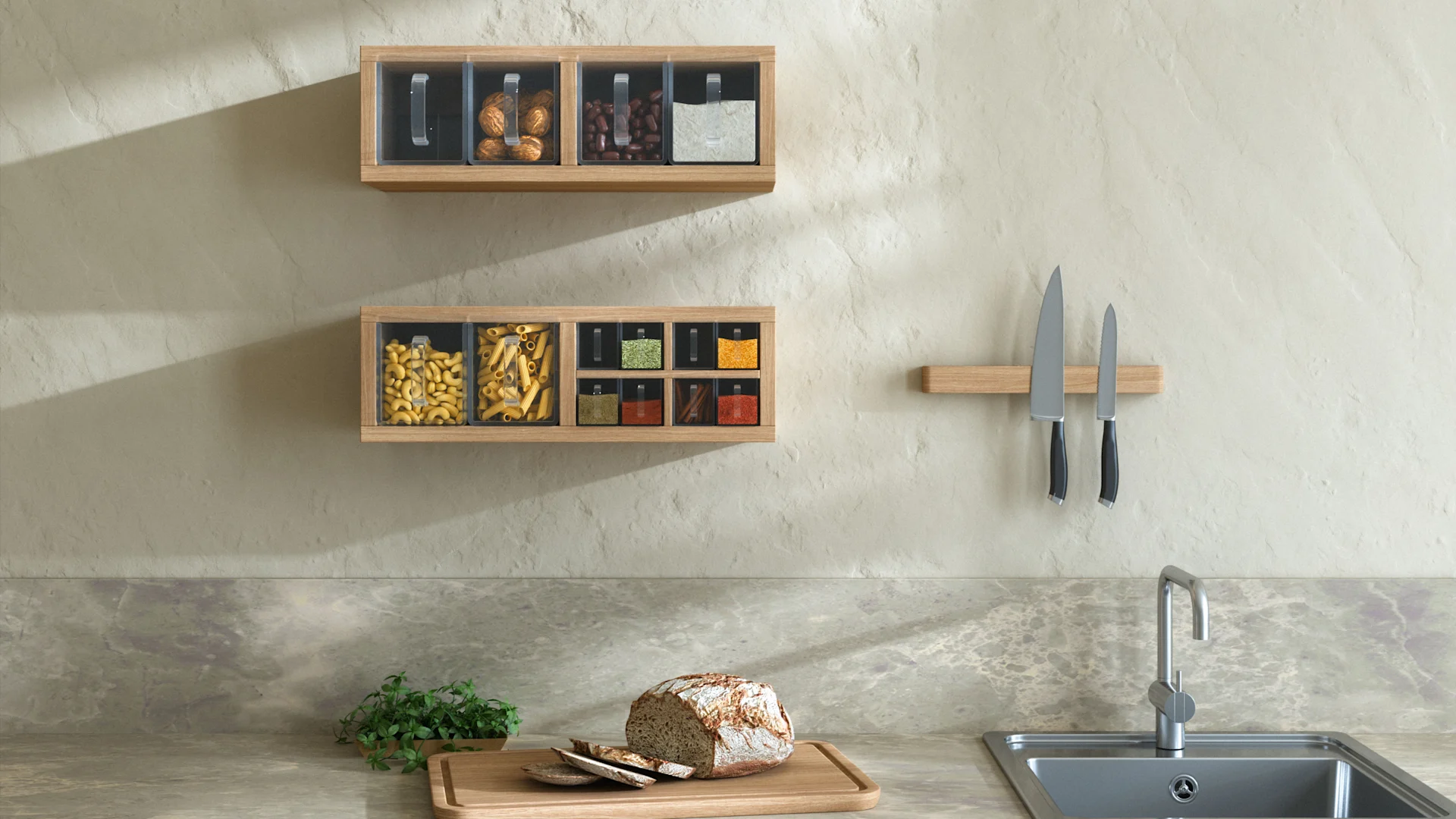 Une cuisine moderne avec des étagères en bois pour les produits secs, un évier en métal et un pain rustique sur une planche à découper.