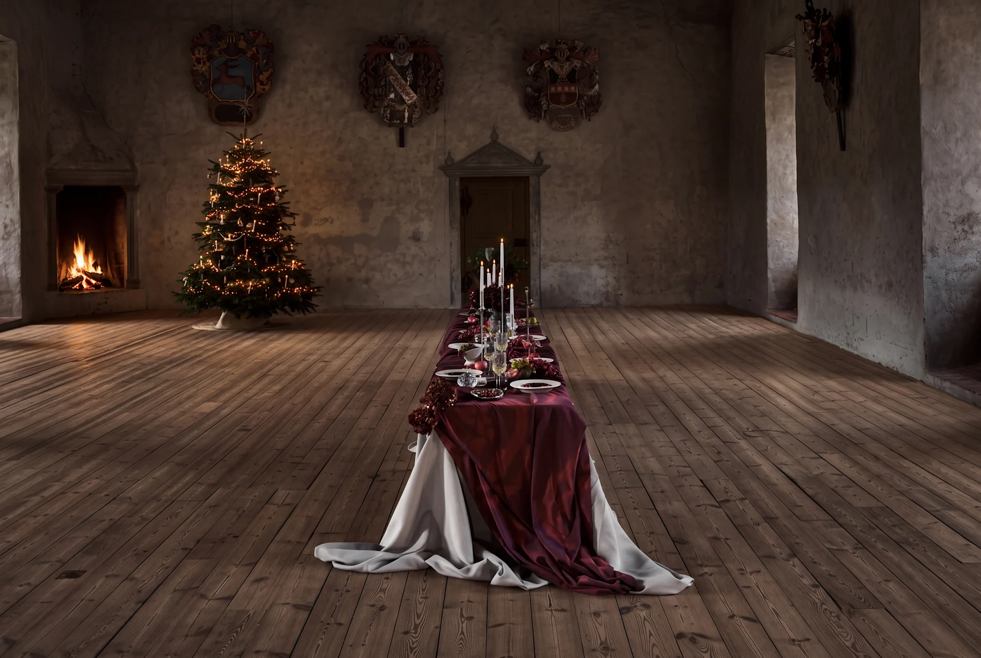 Longue table dressée pour un festin de Noël dans une grande salle avec cheminée et sapin décoré.