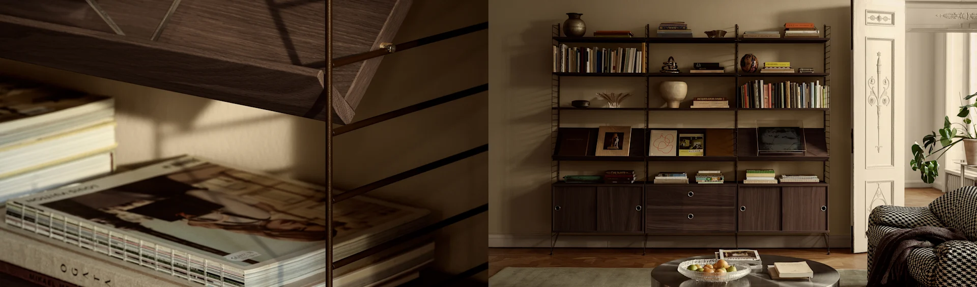 Salon avec étagères en bois foncé remplies de livres, un canapé pied-de-poule et une porte ouverte ornée.