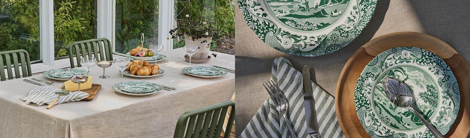Table à manger dans une véranda lumineuse, dressée avec des assiettes à motifs verts, des croissants et des figues. Gros plan d'une assiette et des couverts.