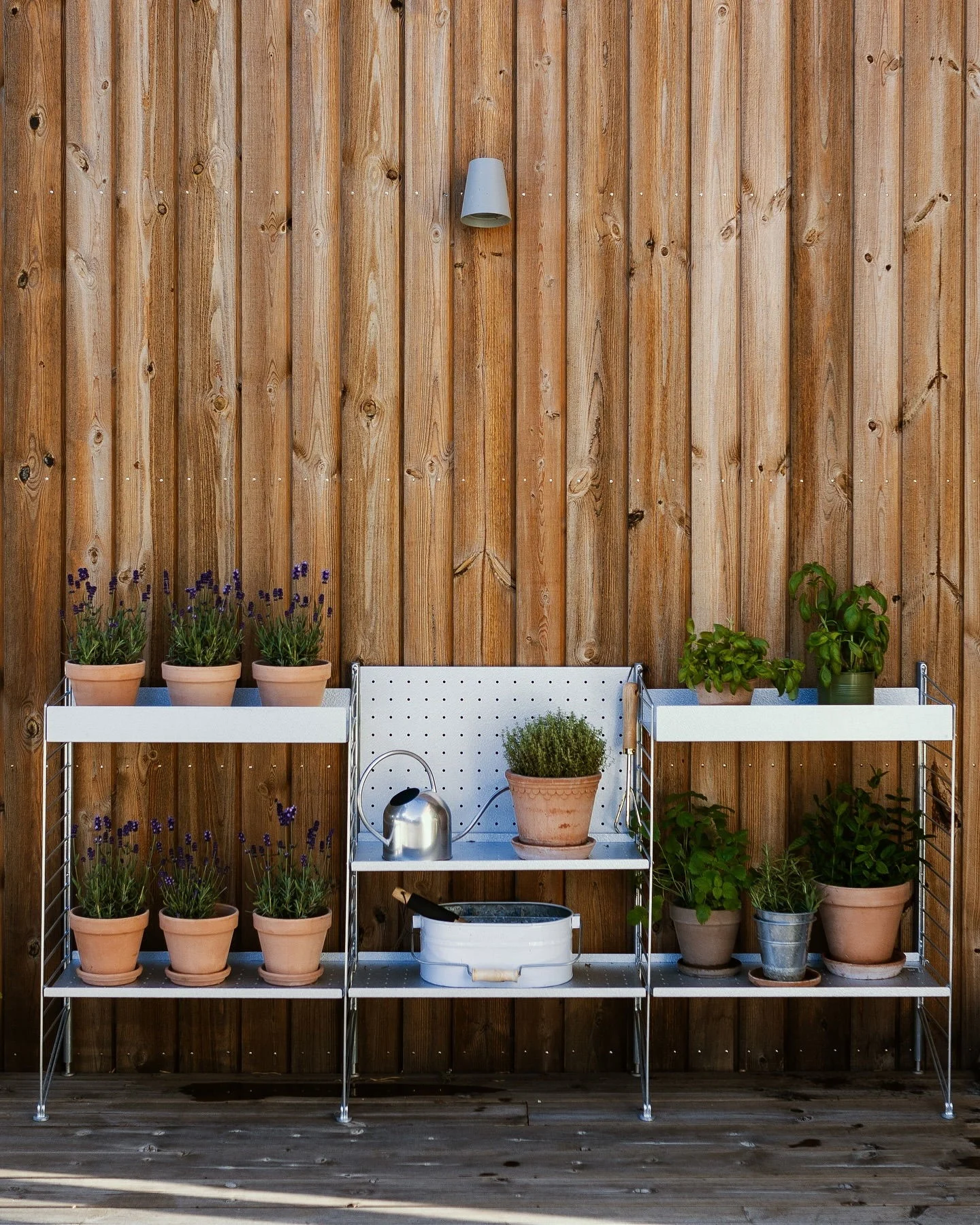 Étagère métallique blanche avec lavande en pot et herbes variées sur une terrasse en bois devant un mur en bois rustique.