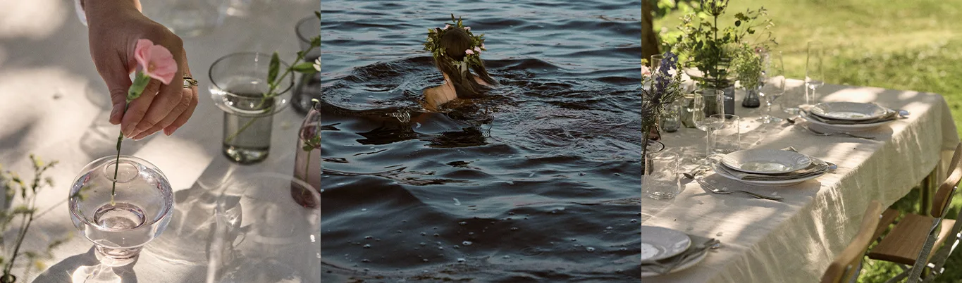 Triptyque: main plaçant fleur rose dans vase, personne couronnée de fleurs dans l'eau, et table extérieure décorée de fleurs.