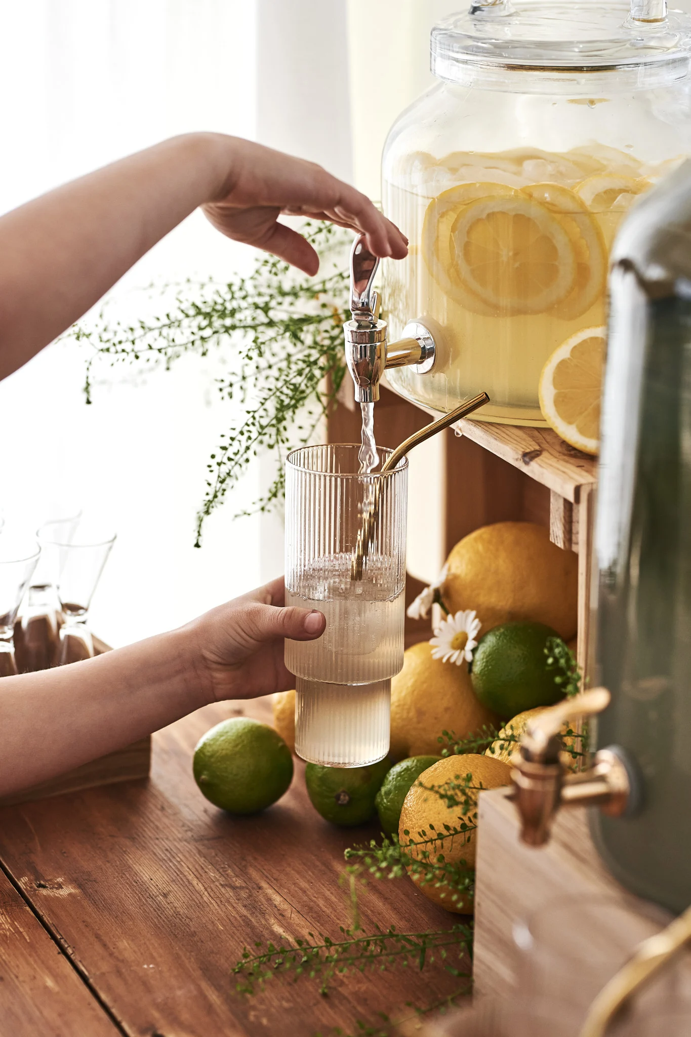 Essayez une recette de cocktail simple à base de gingembre et de menthe. Ici, vous voyez une main verser la limonade du pichet entourée de citrons et de limes.